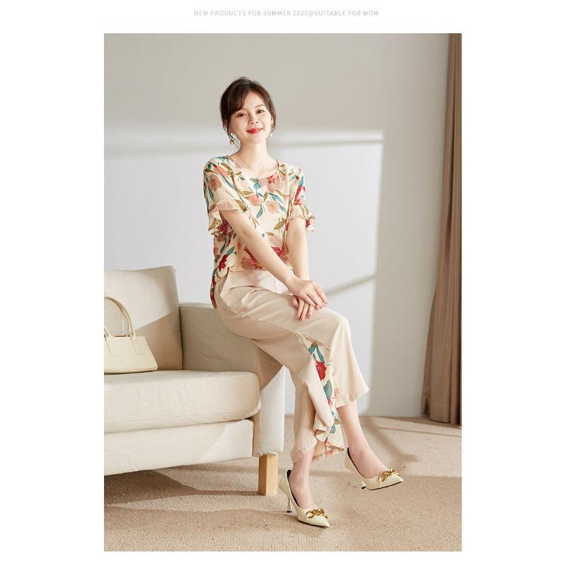 YYFS Женская мода повседневная летняя весенняя цветочная модель с принтом, короткие рукава, О-образный вырез, брюки, костюмы