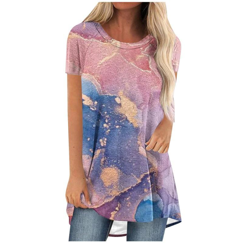 Womens Casual Short Sleeve T-Shirt With Starry Sky Digital Print Loose Fit Long Length Top 2025