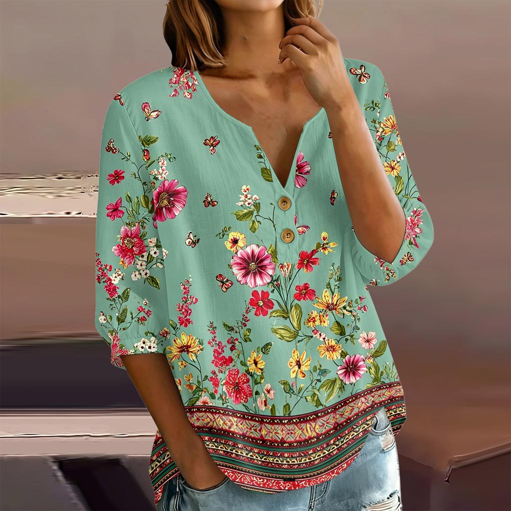 Женская блузка-henley с цветочным принтом, пуговицами спереди, рукавом три четверти, из хлопка и льна, повседневная, свободного кроя