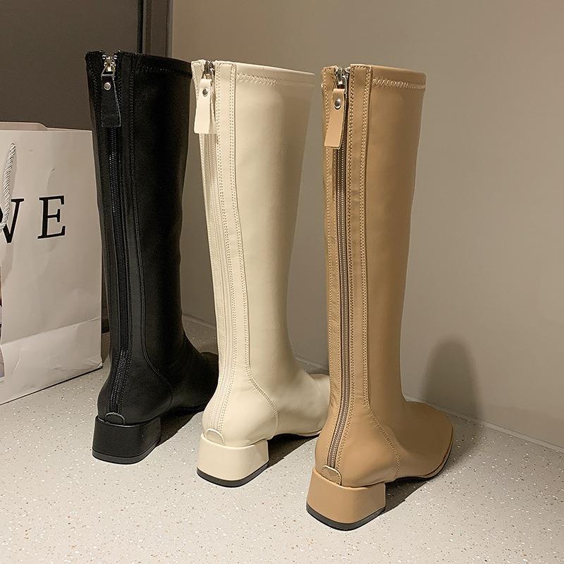 Осенне-зимние новые кожаные длинные сапоги-трубы с молнией сзади, высокие сапоги-трубы большого размера, толстый каблук, низкий каблук, рыцарские женские сапоги