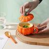 Ceramic Pumpkin Shaped Mug Cute High Appearance Cup with Lid for Milk Coffee Tea Orange 400ml