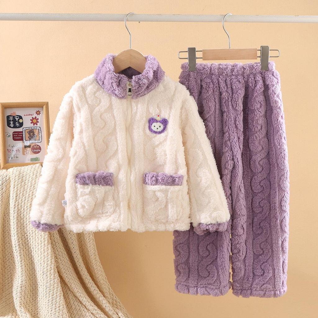 Kids' Thick Fleece Pajama Set, Autumn/Winter Style, Double-Sided Fleece, Zip Closure, Coral Fleece Homewear for Older Boys and Girls