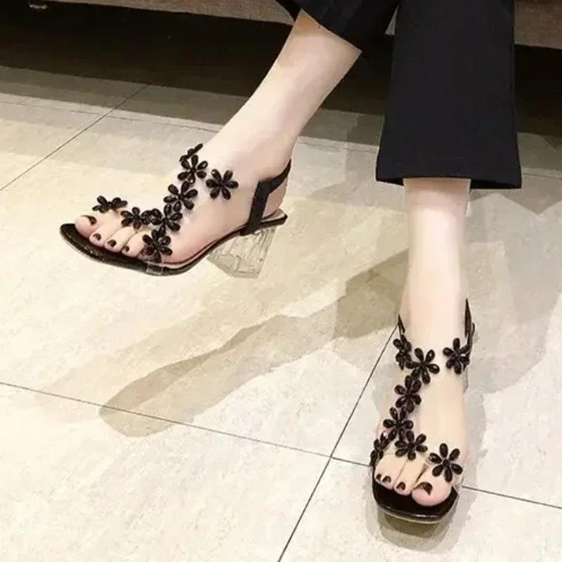 Elastic Band Women's Sandals 2025 Summer Open Toe Rhinestones Flower Transparent Chunky Heels Large Size 43 Sandals