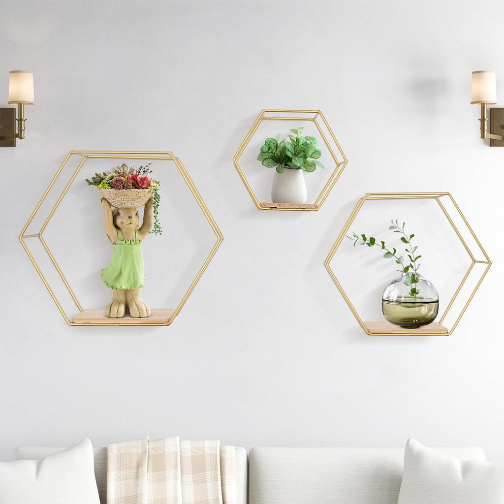 Hexagon Wall Shelf 3 Hanging Shelves, Loft Wall Shelf ShelvesIron & Wood Floating Shelves for Living Room, Bedroom, Kitchen