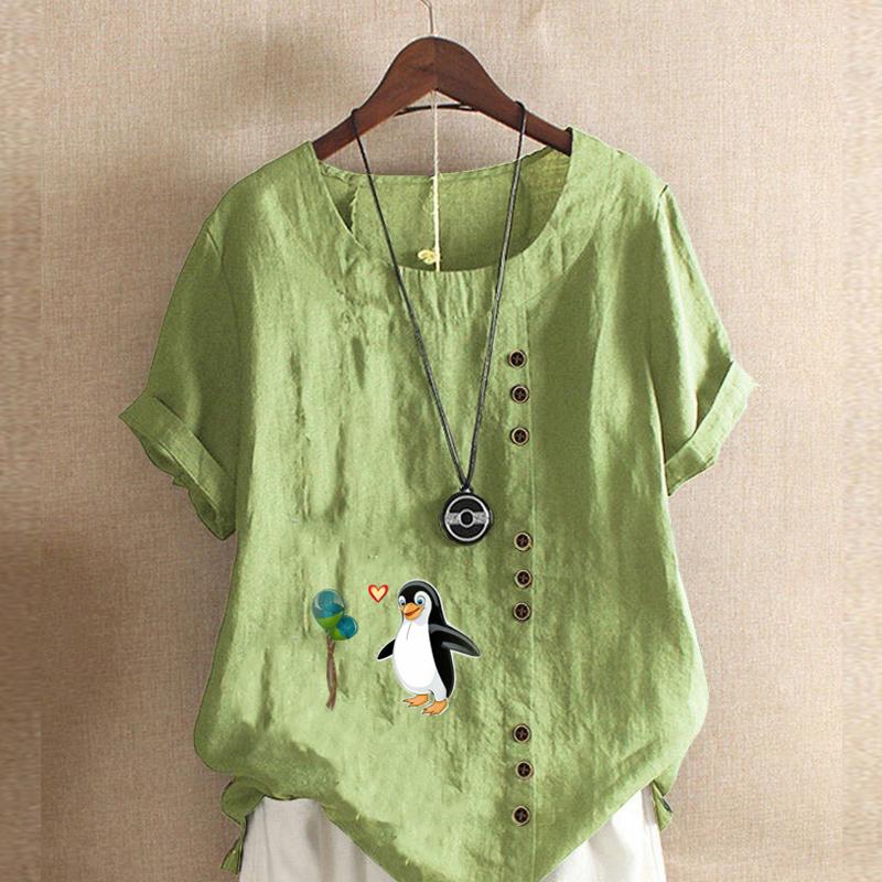 Women's Fashion Round Neck Short Sleeve T-shirt Casual Cotton Linen Graphic Shirt Leisure Loose Penguin Prined Summer Blouse Tops