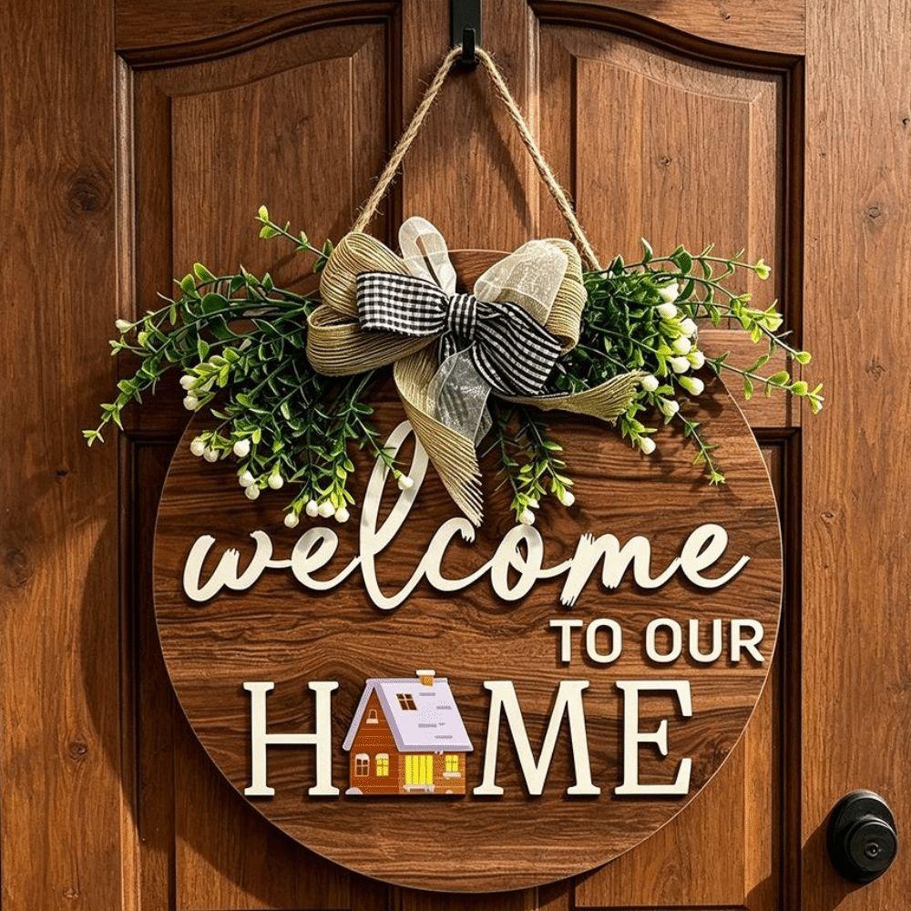 2D Flat 2D Round Welcome Sign Retro Style Hanging Wooden Board New Round Doorplate Home Decor
