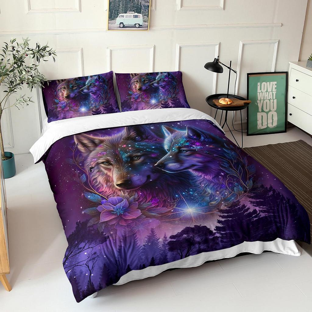 Purple Starry Night Galaxy Wolf Three-piece Quilt Cover 3D Digital Printing Bedding Set Bed Cover