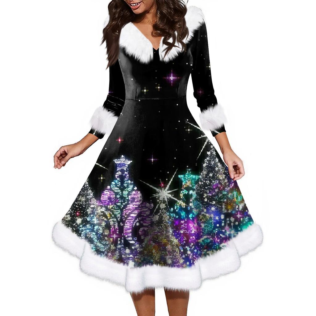 Женское модное повседневное платье с v-образным вырезом и рождественским принтом для вечеринки с длинными рукавами