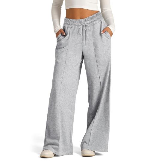 Women Sweatpants Elastic Mid-rise Adjustable Drawstring Straight Wide Leg Jogger Athletic Pants with
