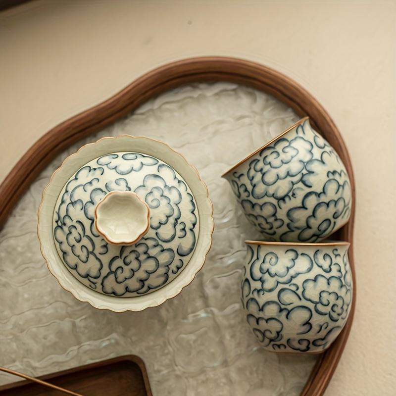 1set Rustic Ru Kiln Porcelain Tea Set Vintage Blue And White Floral Design Chinese Kung Fu Tea Ceremony Ceramic Teapot With Lid And Two Cups For Home