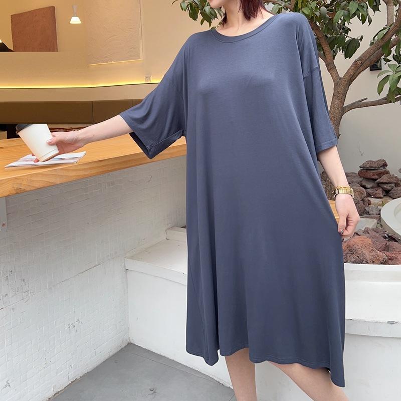 Модал с подушечками для бюстгальтера, макси-платье с короткими рукавами, женские летние ночные рубашки без стальных колец с круглым вырезом и без бюстгальтера больших размеров