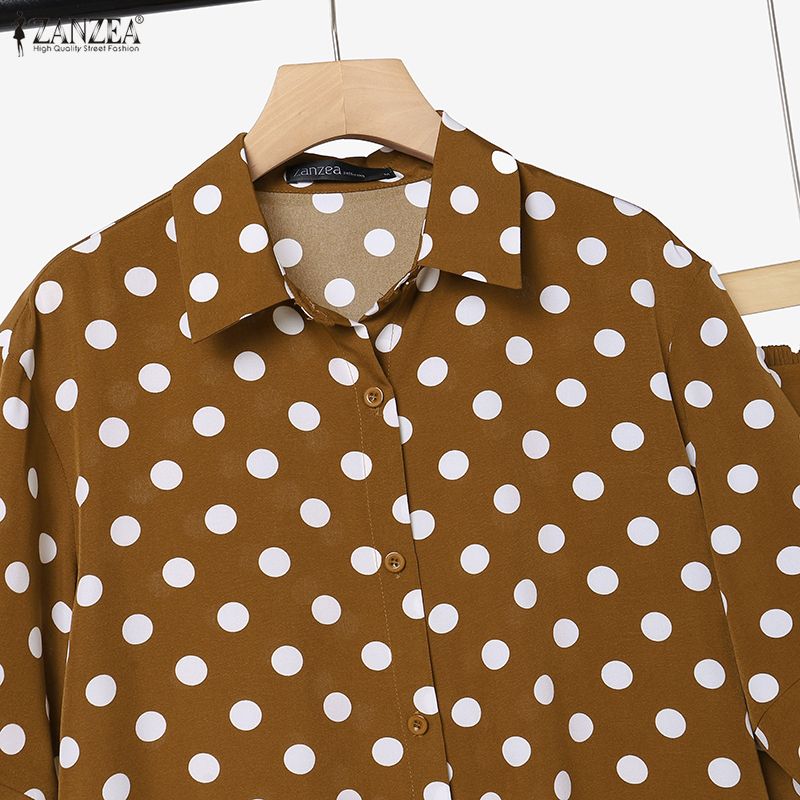 ZANZEA Women Short Sleeve Blouse and Long Pants Polka Dot Print Casual Two Piece Sets