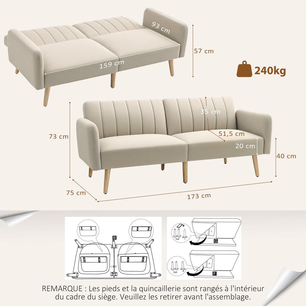 Convertible 2-seater sofa, 3-position reclining backrest, wooden legs, beige linen-look fabric