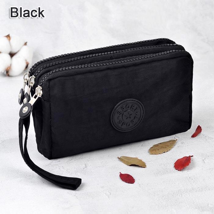 Solid Color Coin Purse Women Handbag Small Wallet Wrinkle Fabric Phone Purse Three Zippers Portable Make Up Bag