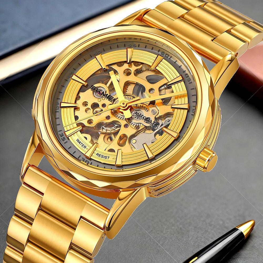 Gold Stainless Steel Men's Automatic Luxury Hollow Mechanical Watch