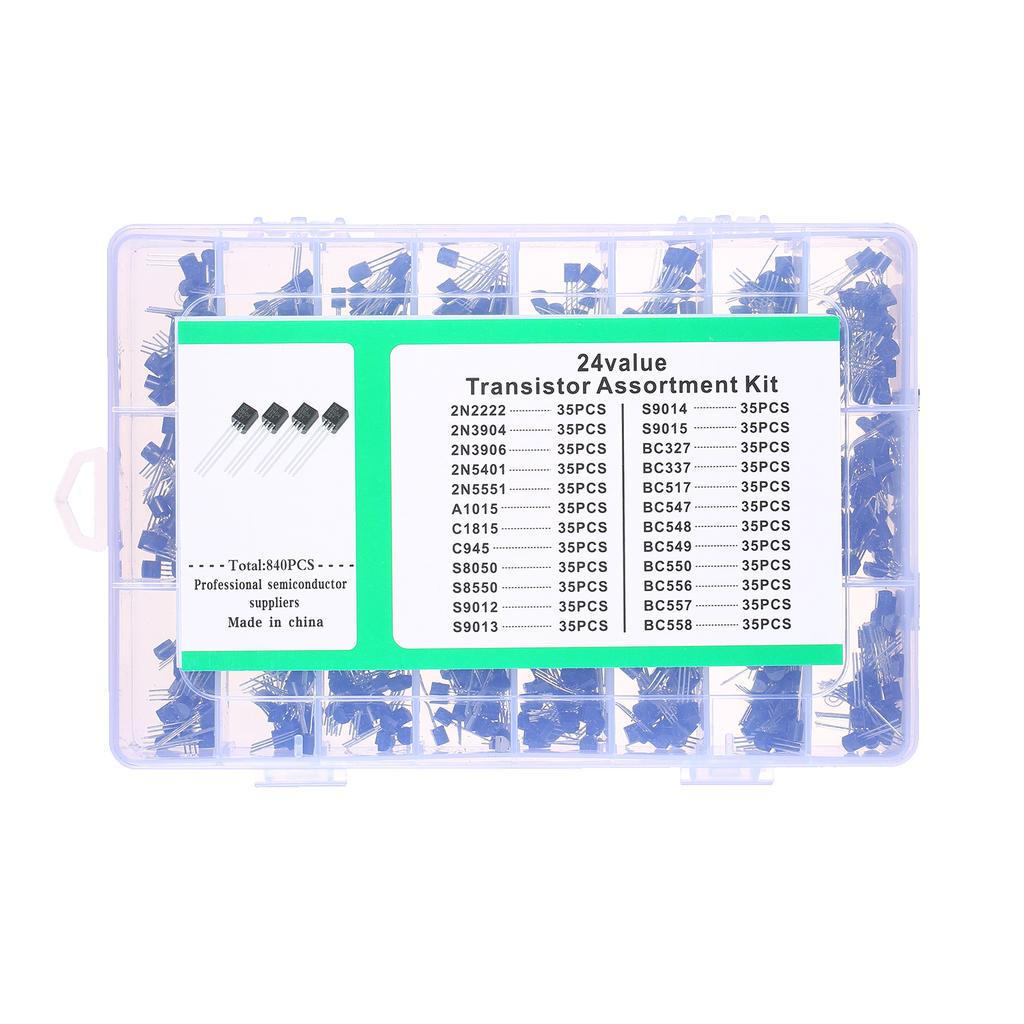 24Values 840PCS NPN PNP Transistor TO-92 Power General Purpose Transistors Assortment Kit BC327 BC337 BC547 2N2222 3904 3906 C945