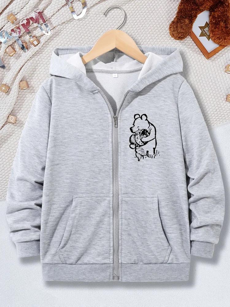 Casual Grey Zip Hoodie For Kids Classic Bear Holding Honey Jar Design Long Sleeve Lightweight Hooded Coat