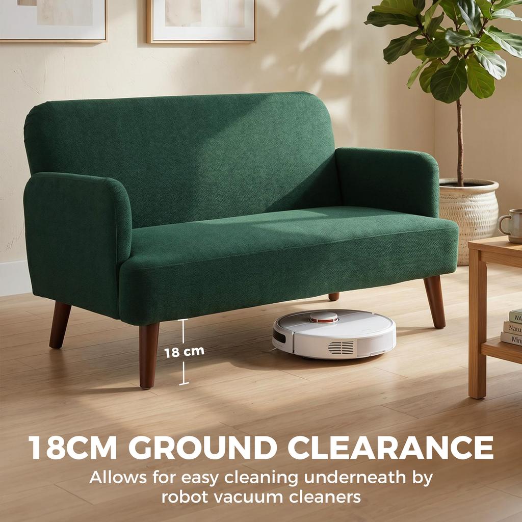 Velvet Feel Fabric 2 Seater Sofa, Small Sofa Loveseat with 21cm Thick Padding and Wood Legs, Dark Green