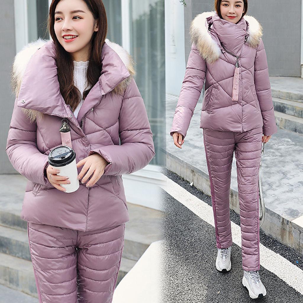 Women's Winter Warm Casual Loose Fur Collar Jacket + Loose Pants Two Piece Set