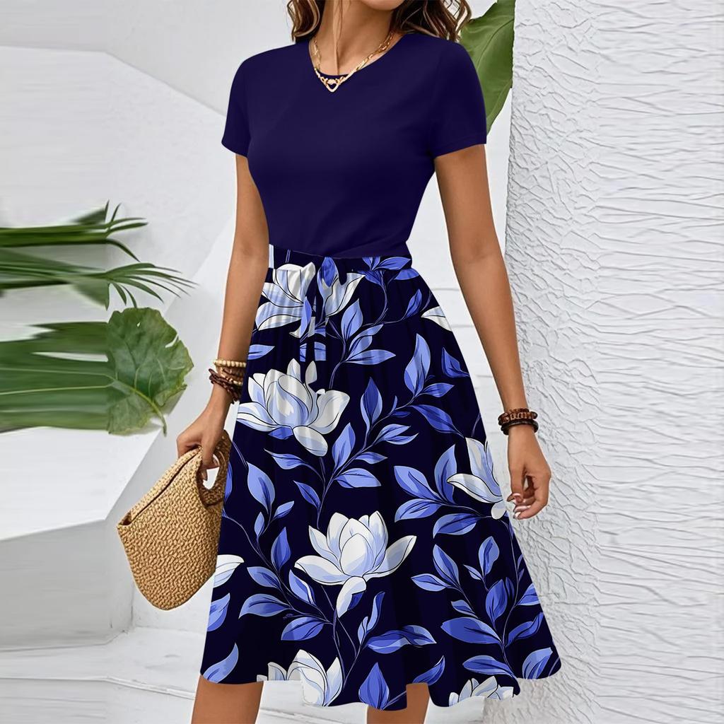 Women's Casual Fashion Belted Floral Print Short Sleeve Round Neck Elegant Dress