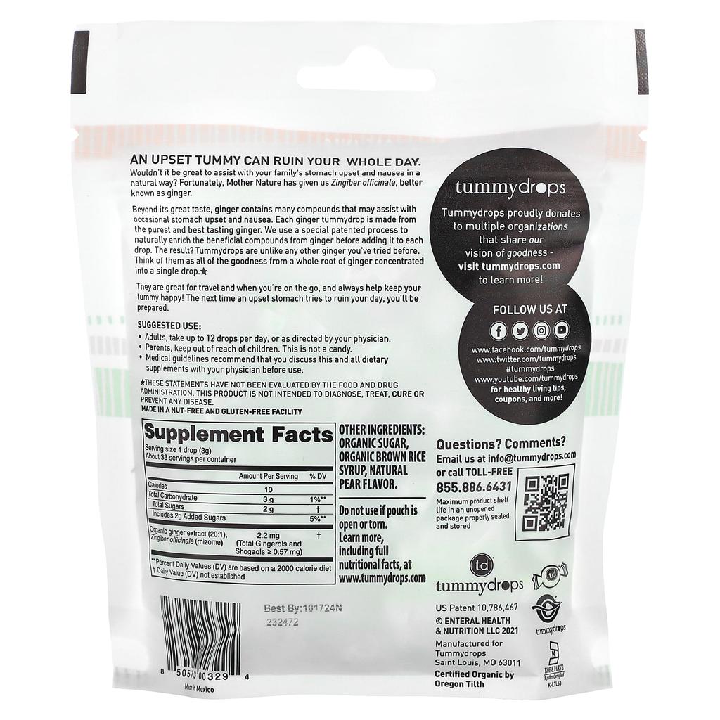 Tummydrops Organic Sweet Ginger Pear, 33 Lozenges