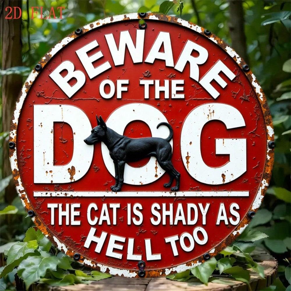 Vintage Beware Of The Dog The Cat Is Shady As Hell Too Funny Round Metal Sign Rustic Warning Tin Plate Wall Decor for Yard Home