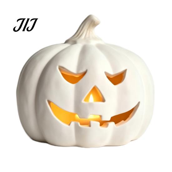 Outdoor Porch Autumn Decor Halloween Pumpkin Candle Holder, Resin Lantern Tealight Holder with Fall Home Carved Face for Farmhouse Table Mantle