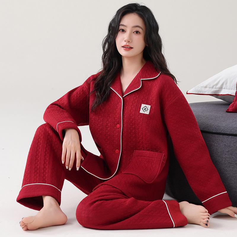 Pajamas women's spring and autumn thickened pure cotton long-sleeved autumn and winter air cotton interlayer thin padded loungewear set