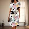 Женская мода изящный принт котенка лето весна короткий рукав О-образный вырез повседневные платья