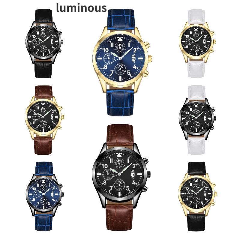 Stylish Men's Watch With Night Light And Calendar Quartz Pointer Display Leather Strap 98001 Belt Style)
