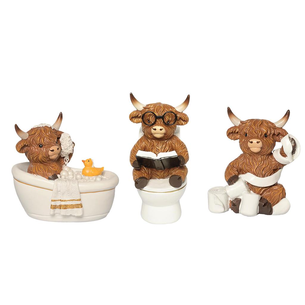 3 шт. ornaments для ванной комнаты с шотландской коровой, с ванной/туалетом/салфетками, гномы-шотландские коровы для дома, ванной комнаты, фермерского дома, многоуровневого подноса