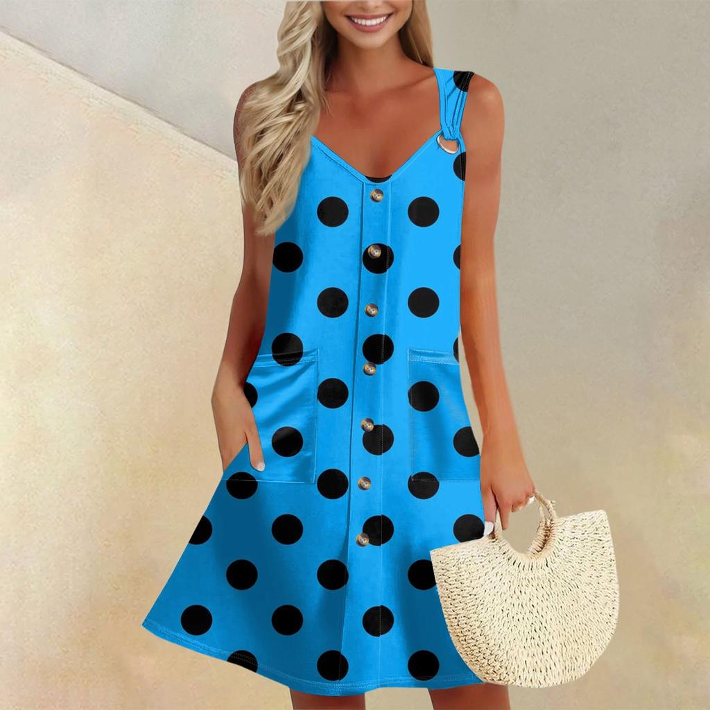 Women's Summer Dress With Pocket Sleeveless Polka Dot Print Sundress