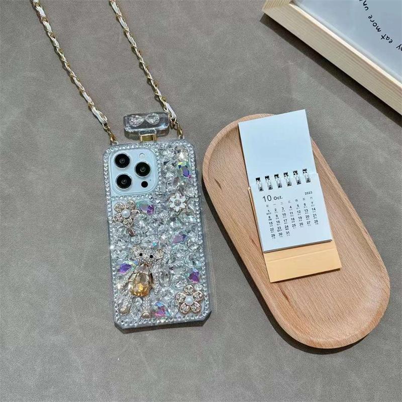 Роскошный модный чехол для телефона со стразами и флаконом духов для iPhone 15 14 13 12 11 Pro Max X XS XR XS Max 8 7 Plus противоударный чехол с ремешком