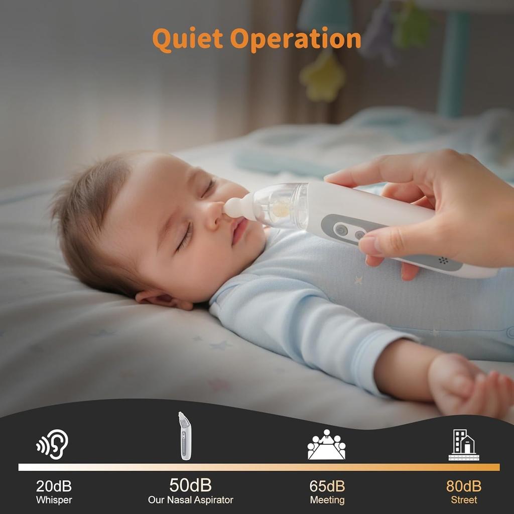 Electric Nasal Aspirator for Babies 3 Suction Levels, 3 Silicone Nozzles, Rechargeable & Portable Nose Cleaner with Soothing Lullaby