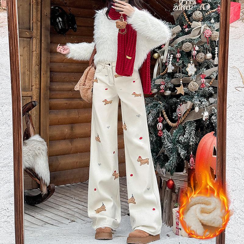 Модные женские джинсы с высокой талией и вышивкой из бархата с широкими штанинами для зимы 2025 года