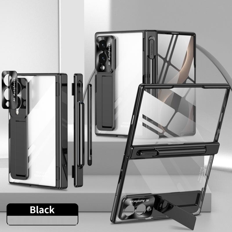 For Samsung Z Fold 8 Ultra / 7 6 5 4 3 Transparent Plating PC Hinge protection Full Body Stand Pen Slot Case with Tempered Glass
