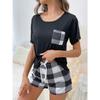 Women's New Style Pajamas Set Black Top Plaid Shorts Two-piece Casual Home Wear