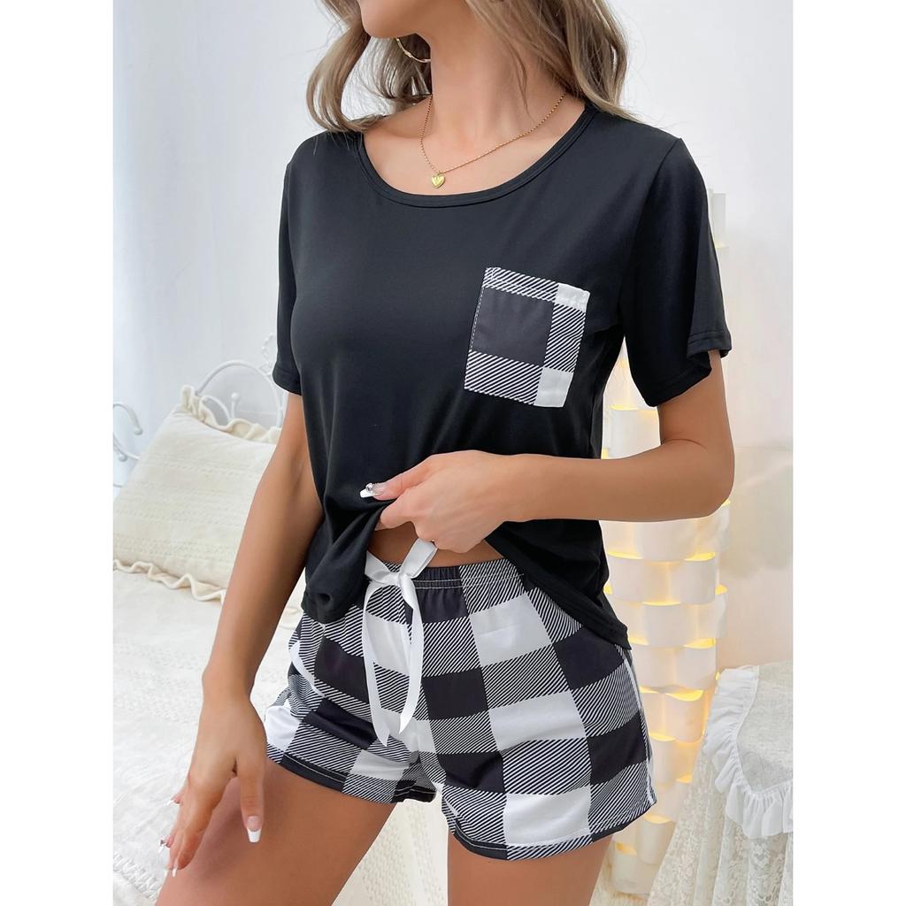 Women's New Style Pajamas Set Black Top Plaid Shorts Two-piece Casual Home Wear