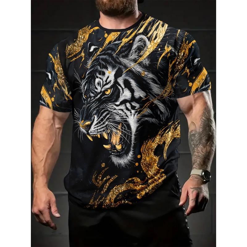 Men's Gold Tiger 3D Printed T-Shirt Casual Short Sleeve Crewneck Top Cool Roaring Wild Animal Graphic Tee Luxury Black Golden Splatter Streetwear