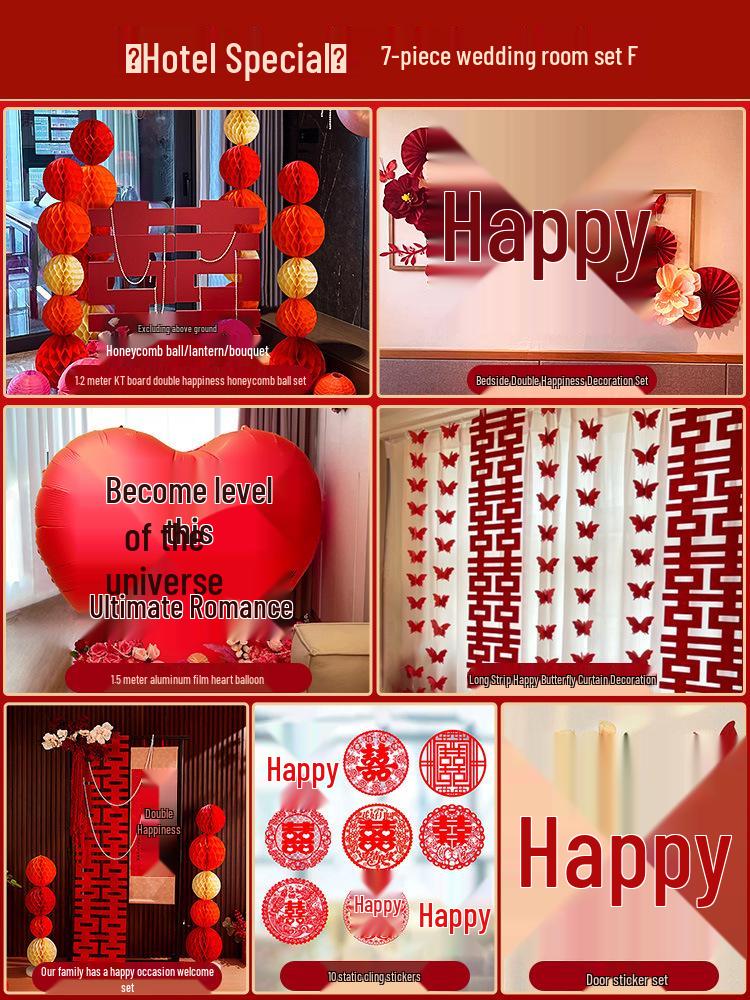 Bridal Wedding Room Decoration Set with No-Trace Double Happiness for Hotels and Living Rooms