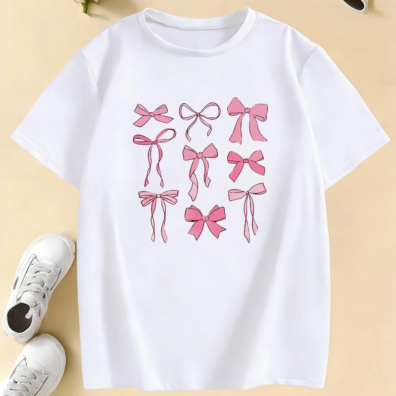 Graphic Pink Color Bow Printed T Shirts Kids Children's T-shirt Boys Girls Summer Spring Casual Top Tee