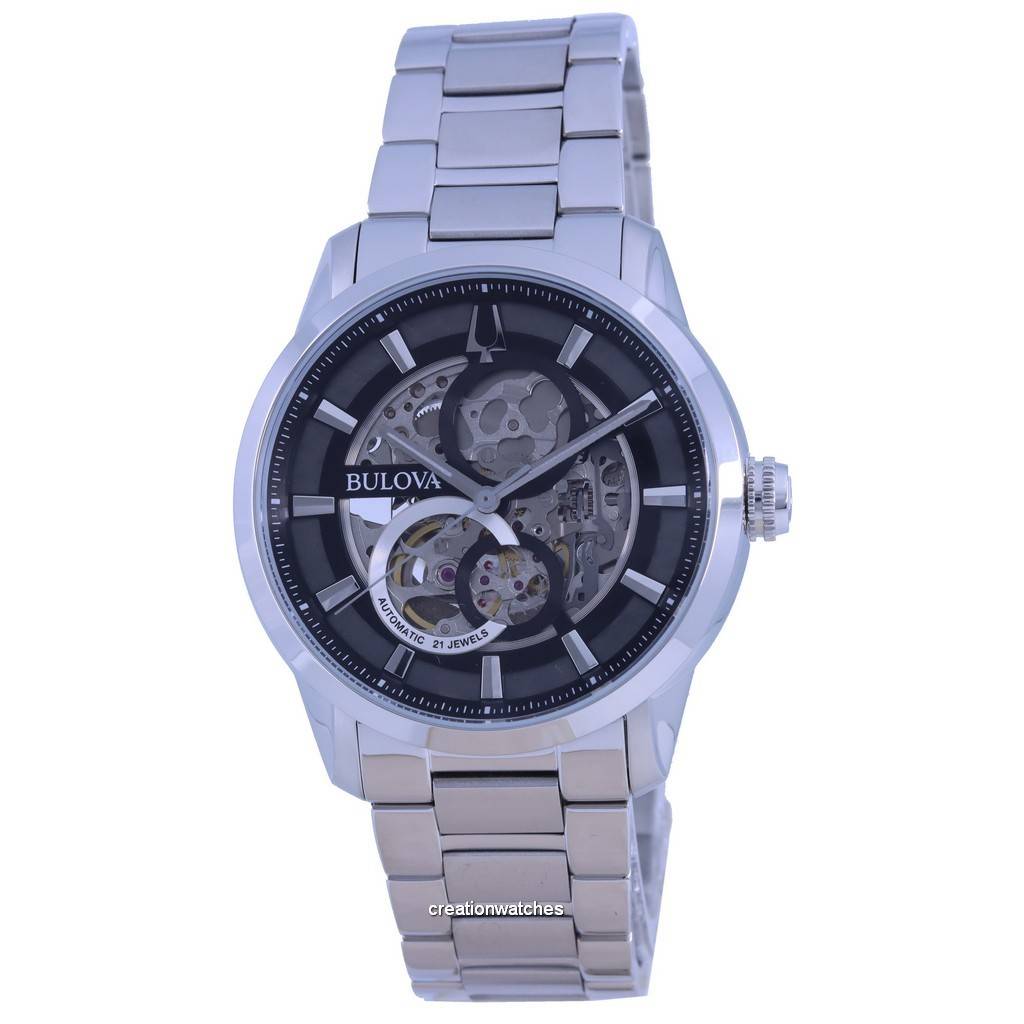 Восстановленные Мужские Часы Bulova Classic Skeleton Черный Циферблат Нержавеющая Сталь Автоматические 96A208