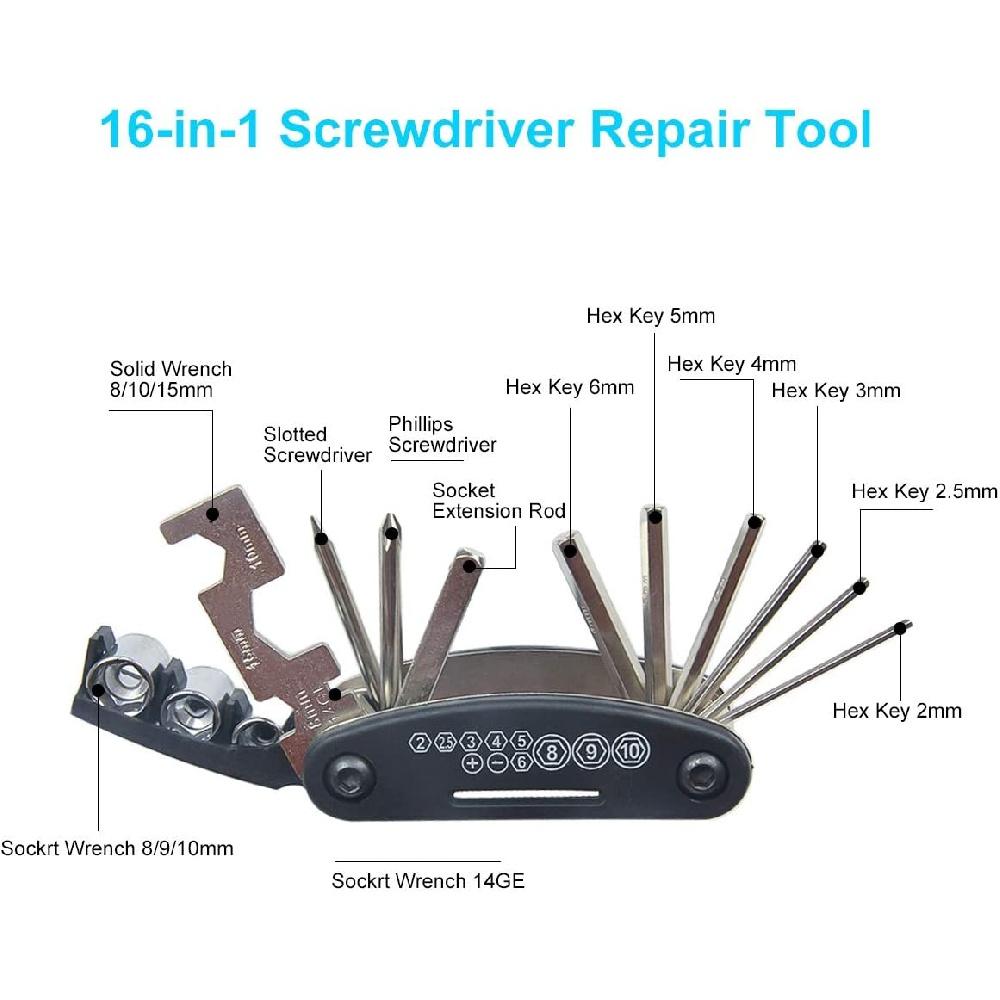 Комплект для ремонта велосипеда, набор инструментов для ремонта велосипедных шин содержит инструмент 16-в-1, мини-велосипедный насос 120 фунтов на квадратный дюйм, используемый для горных и шоссейных велосипедов