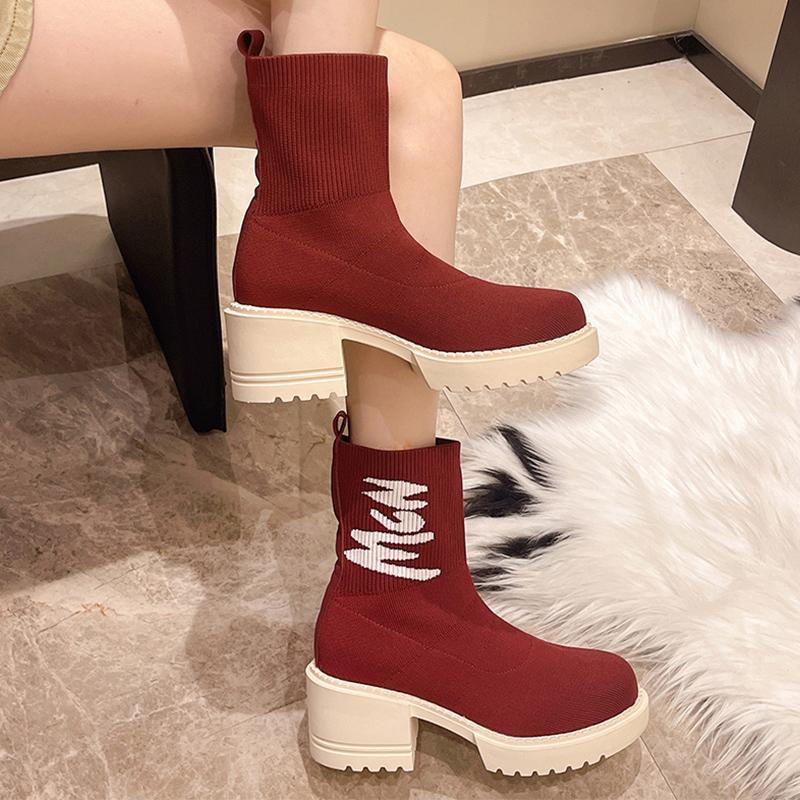 Женские вязаные высокие каблуки, ботильоны, высокие носки, толстые зимние ботинки на платформе 2025 года, новые трендовые брендовые ботинки Chelsea Snow, сексуальные туфли-лодочки из плетения