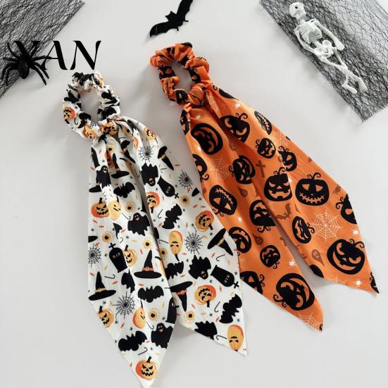Colorful Hair Tie Halloween Satin Scrunchies for Women, Funny Pumpkin Printed Elastic Ties, Print Soft Ponytail Holders, Decorative Accessories Daily