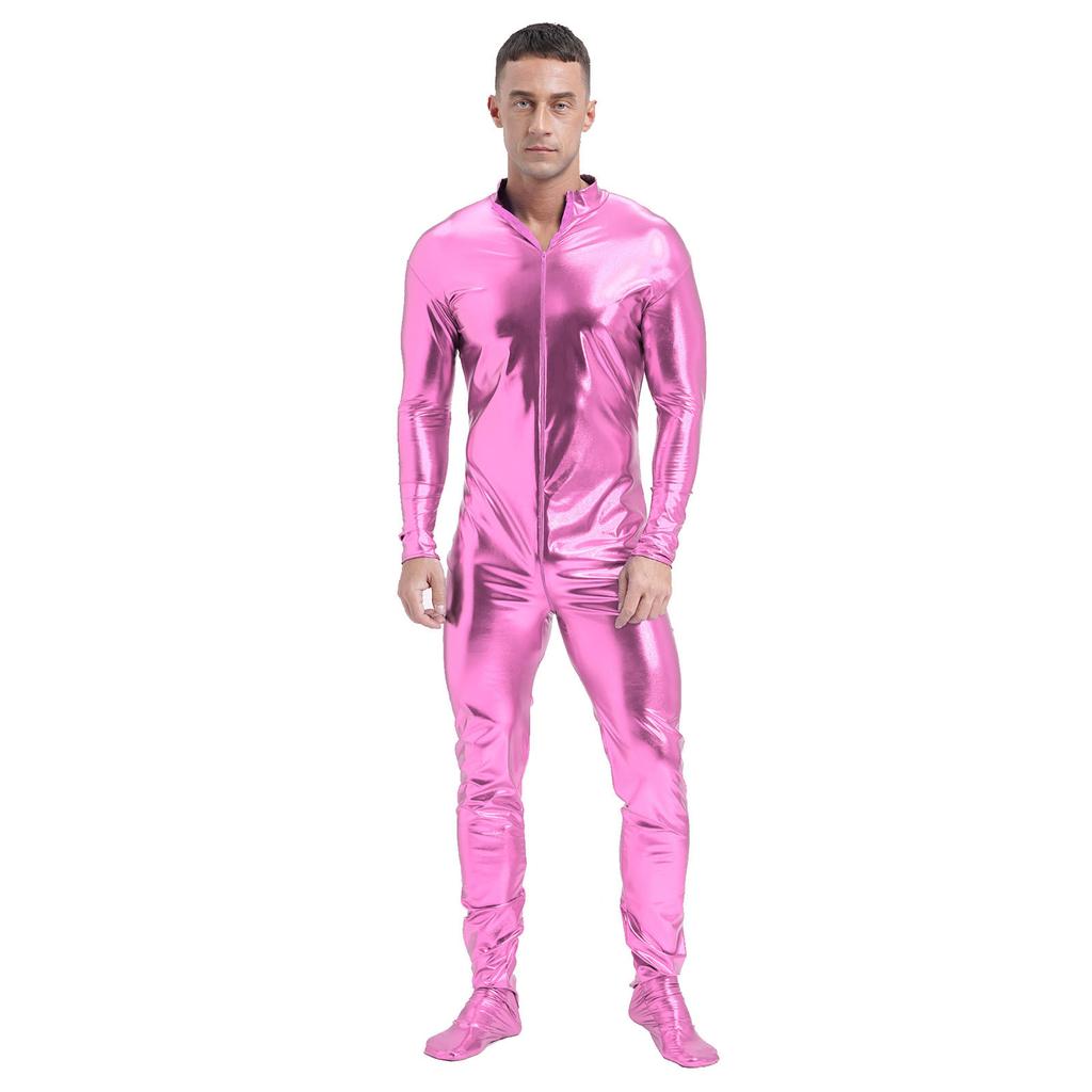 Mens Metallic Zentai Jumpsuit Full Body Tight Mock Neck Long Sleeve Club Performance Costume