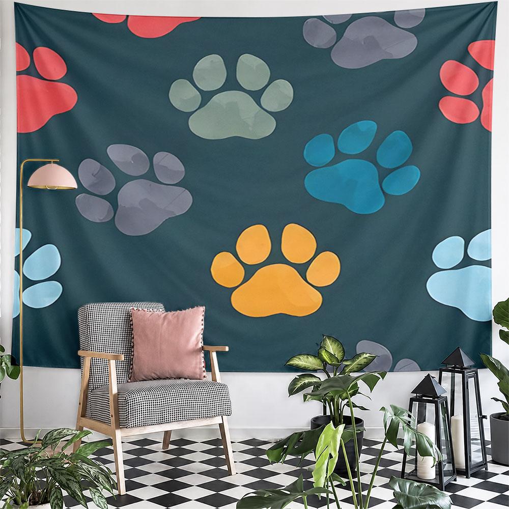 Colorful Paw Prints on Dark Background Pattern Wall Hanging Tapestry Decorative Tapestry Home Decor for Bedroom and Living Room