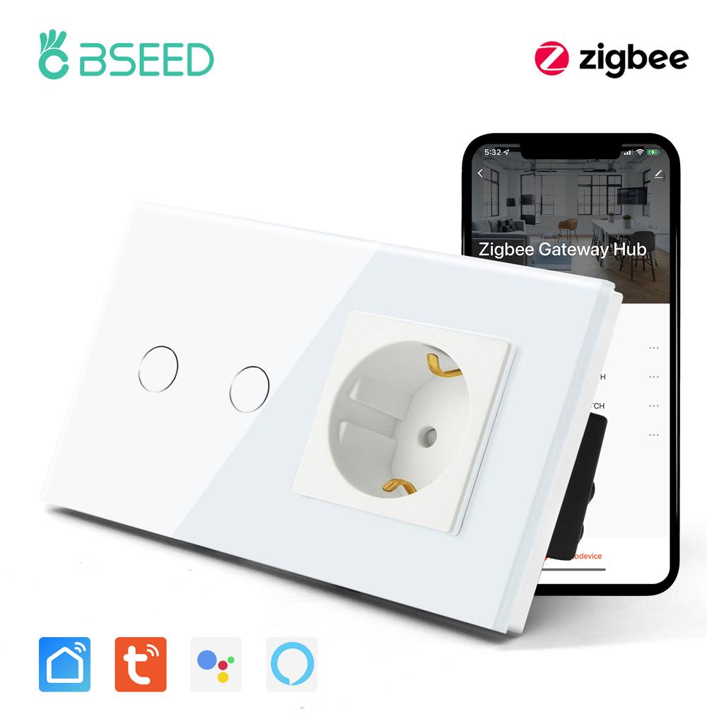 Bseed New Zigbee Single Live 1/2/3 Gang Touch Switch EU Standard With Normal Socket 4 Color Crystal Glass Panel Smart Home