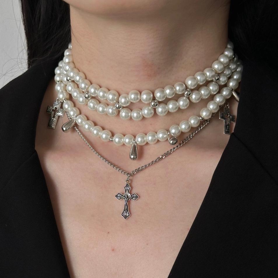 Ожерелье с черным бисерным крестом в готическом стиле Y2K и аксессуар к толстовке для крутой девушки