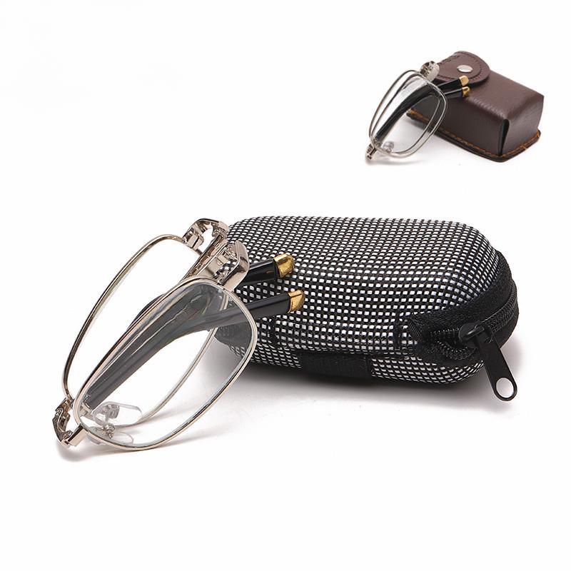 Folding Reading Glasses Lightweight Crystal Glass Lens Metal Frame Square Full Frame Men Women Presbyopic Eyeglasses